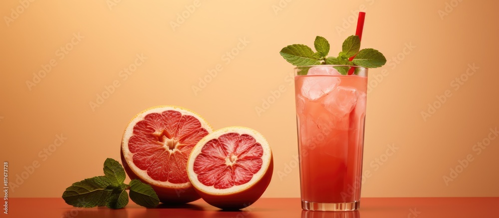 Aufkleber Beige background with a red refreshing drink featuring ice grapefruit and mint Copy space for text or design