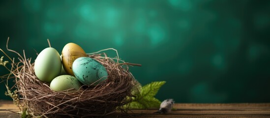 A vibrant nest holds various vintage Easter eggs atop a green background with ample copy space for images
