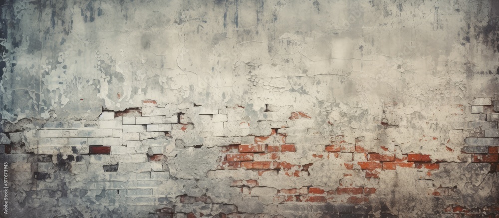Aufkleber an abstract grunge texture of a vintage wallpaper with a broken brick wall in the background providi