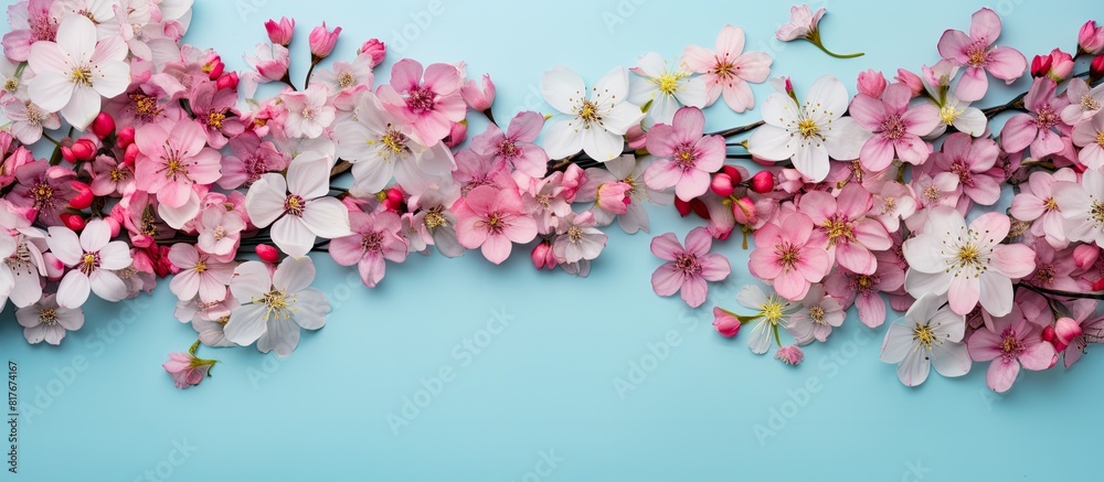 Poster a flat lay copy space image featuring a pastel blue background adorned with a captivating arrangemen