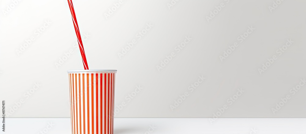 Poster A striped straw sits in an empty cup against a white background leaving space for an image. Creative banner. Copyspace image