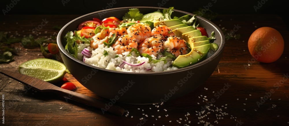 Poster a flavorful rice bowl adorned with succulent shrimps and creamy avocado creating a tantalizing blend