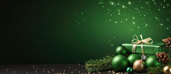 A festive Christmas arrangement showcasing gifts branches of a fir tree beads and a green background with room for text. Creative banner. Copyspace image