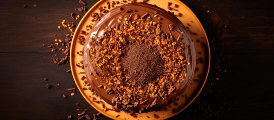 A top view of a carrot cake with chocolate frosting and brigadeiro sprinkles featuring a copy space image