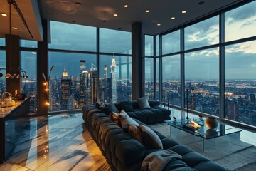 A luxurious penthouse apartment overlooking a bustling city skyline concept, Ai AI-generated