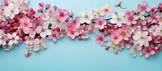 A flat lay copy space image featuring a pastel blue background adorned with a captivating arrangement of pink flowers seen from a top view