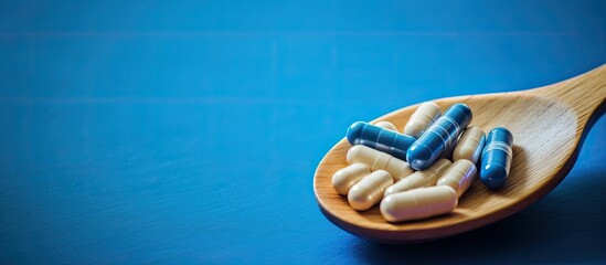 Wooden spoon holding medicine capsules against a blue background in a copy space image