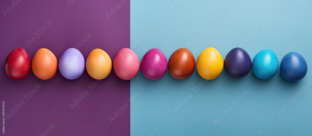 Poster colorful easter eggs arranged in a flat lay composition on a background with enough space for text. 