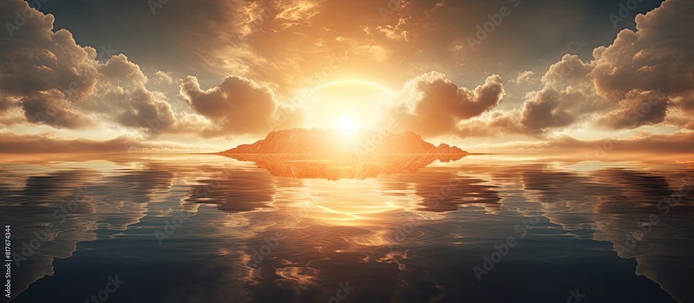 Poster a stunning wallpaper featuring a serene image of the sun s reflection on a water pool surrounded by 