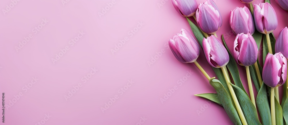 Leinwandbilder Flat lay image of gorgeous pink spring tulips against a lilac backdrop with copy space available for adding text