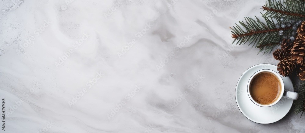 Aufkleber a copy space image of a black coffee placed on a marble table is accompanied by milk and pine cones