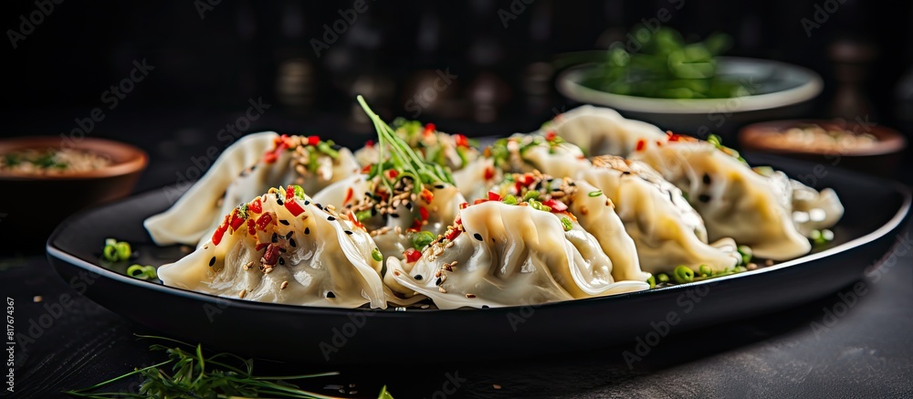 Poster side view close up of dumplings seasoned with pepper salt herbs and microgreens served on a gray con