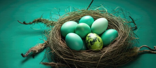 Obraz premium A vibrant nest holds various vintage Easter eggs atop a green background with ample copy space for images