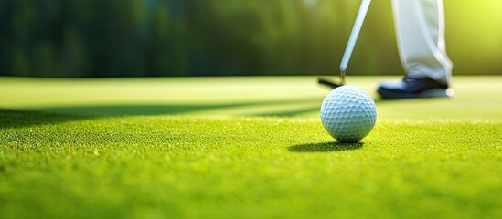 A golfer is seen putting a golf ball on the green with a copy space image