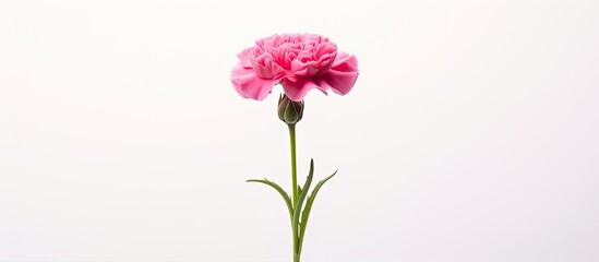 A solitary pink Carnation proudly stands tall set against a pristine white background with ample copy space for an image