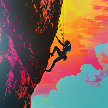 grimpeuse, femme qui escalade une montagne en devers, photo &agrave; contre jour, pop art, color&eacute;