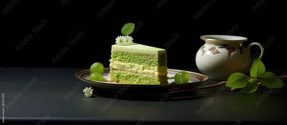 Poster indulging in cake and green tea is a timeless and sophisticated pleasure. creative banner. copyspace
