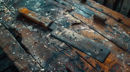 Close-up of a knife on a rustic wooden table, suitable for culinary or cooking concepts