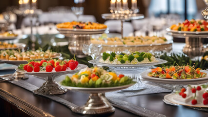 Obraz premium catering food table setting for a party, wedding ceremony catering, ai generated