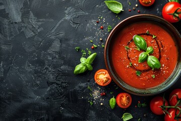 Basil tomato soup on dark background top view with copy space