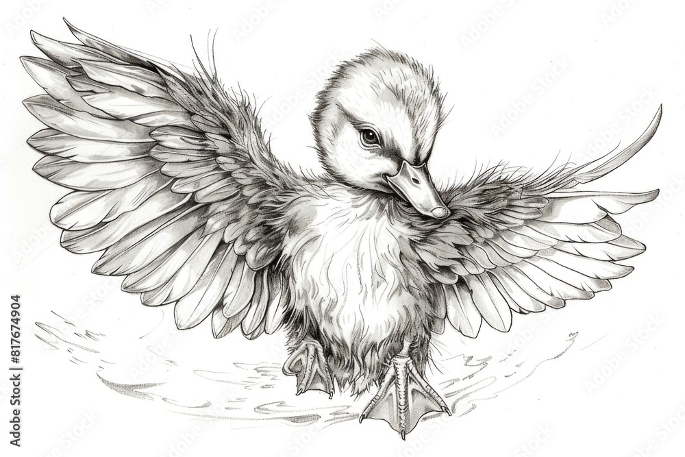 Poster a detailed black and white drawing of a duck, suitable for various design projects