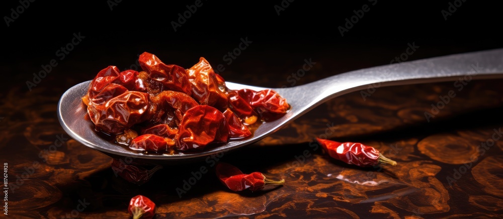 Poster A food oriented background featuring dried hot peppers on a spoon with ample space for text or other images