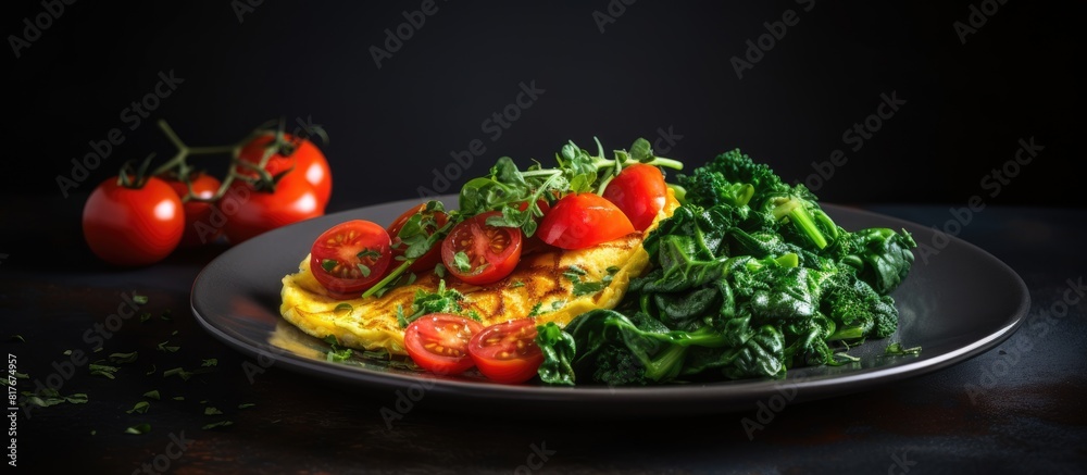 Poster a healthy vegan breakfast featuring an omelette prepared with tomatoes and greens is shown in a copy