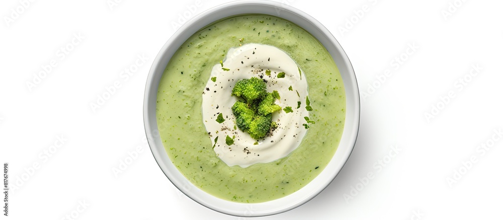 Aufkleber A top down view of broccoli cream soup on a white surface with ample space available for text or captions to be added