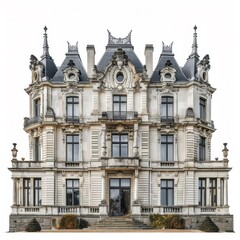 Fototapeta premium photo of a neo renaissance english manor house, big palace, 19th century, completely white background, isolated