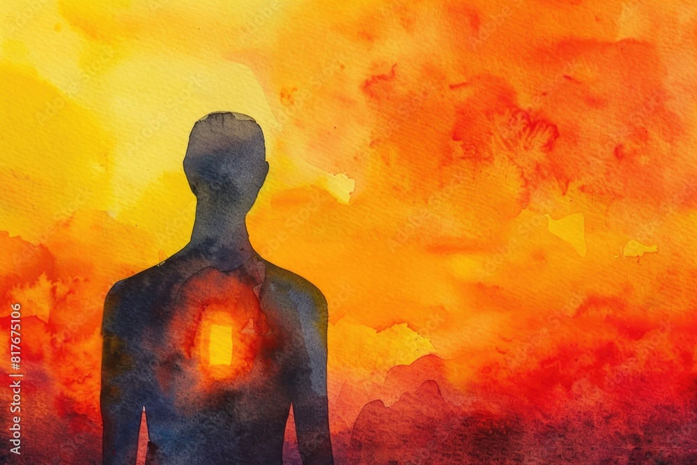 Poster a beautiful painting of a person standing in front of a colorful sunset, ideal for various design pr