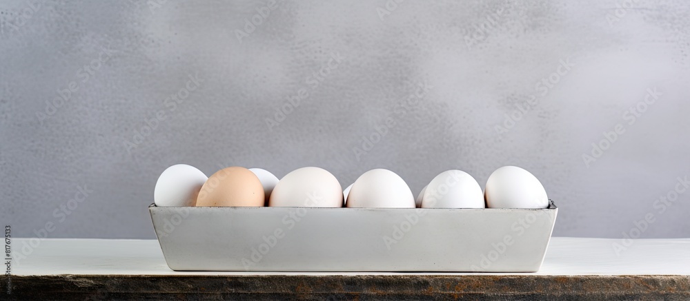 Aufkleber A container with white colored eggs on a concrete background providing ample copy space for additional images or text
