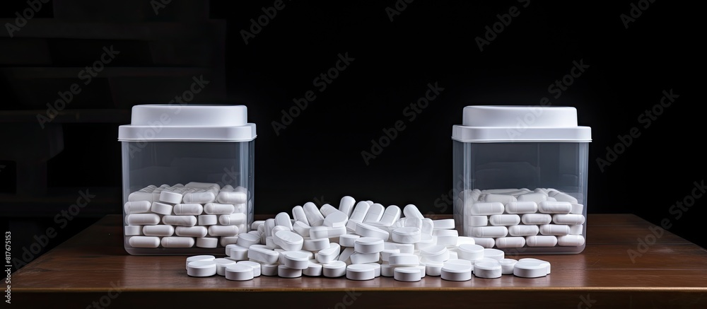 Poster a copy space image featuring white medical tablets stored in plastic containers on a wooden table ag