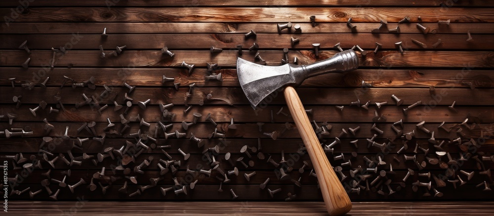 Poster An image of a hammer and nails placed on a wooden background with empty space for text or other elements. Creative banner. Copyspace image