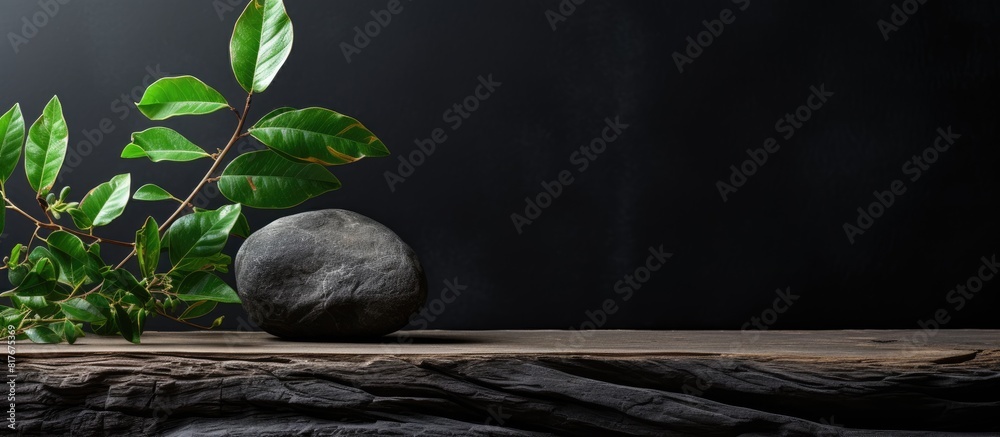 Poster on a wooden background there is a copy space image featuring a black stone and a branch with green p