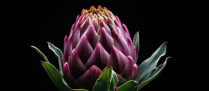 A fresh organic artichoke flower is beautifully presented on a dark background allowing for a compelling copy space image