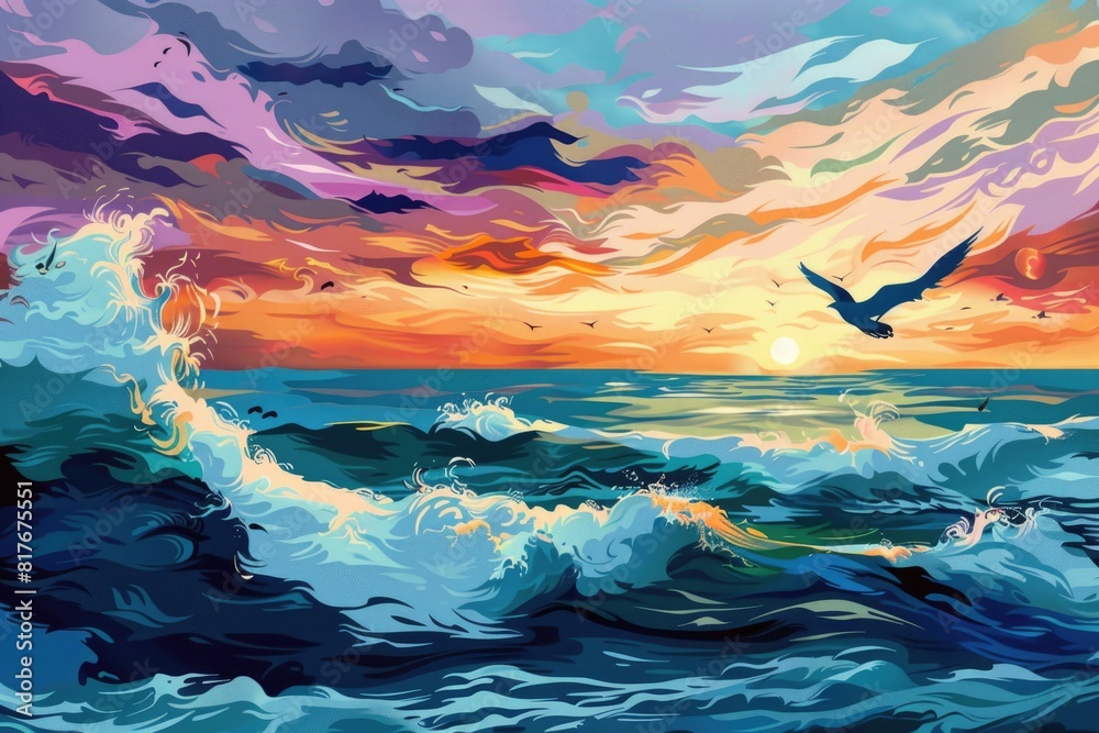 Aufkleber A beautiful painting capturing a sunset over the ocean. Ideal for adding a calming touch to any space