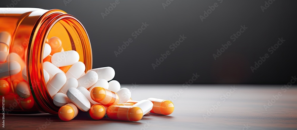 Poster an orange medical jar spills white pills creating a copy space image for text
