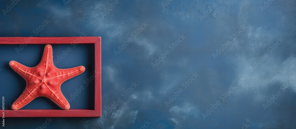 Poster copy space image of a red starfish frame against a dark blue old background evoking the essence of a