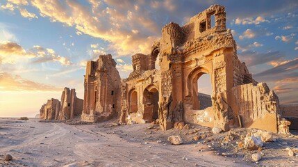 Breathtaking Ruins of an Ancient Islamic Architectural Wonder Bathed in Golden Sunset Light