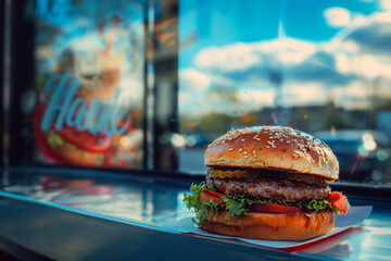 Juicy hamburger with sesame bun and fresh vegetables on a counter, with blurred street and blue sky in the background.