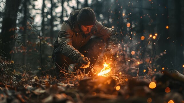 A man in a hooded jacket lighting a fire in the woods. Ideal for outdoor and survival themes