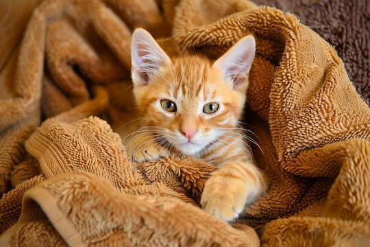 Beautiful toyger kitten in towel orange striped tiger cat