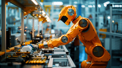 Orange industrial robot working on an assembly line in a modern factory, showcasing advanced automation technology in manufacturing with sparks flying.