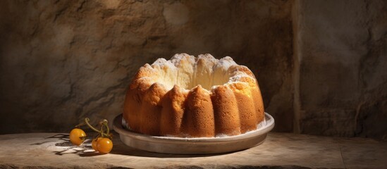 A cheesecake bundt cake with a captivating appearance against a rustic stone backdrop providing ample space for copy or an image