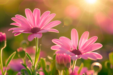 Two pink daisies in a field of pink flowers on sunny summer day. Close-up view.