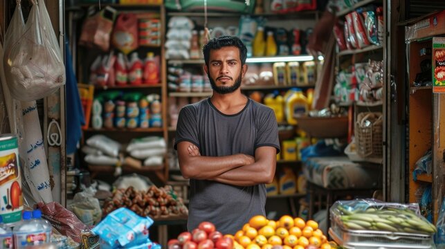 Man Standing in Front of Small Neighborhood Grocery Store or Market Stall with Crossed Arms