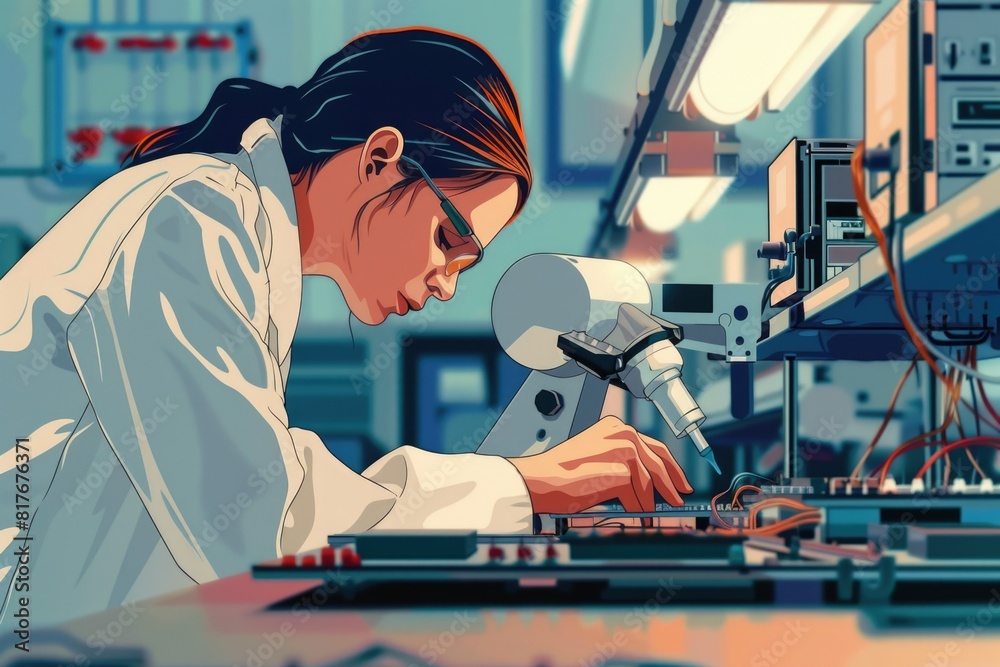 Poster woman in lab coat examining sample with microscope, suitable for science and research concepts