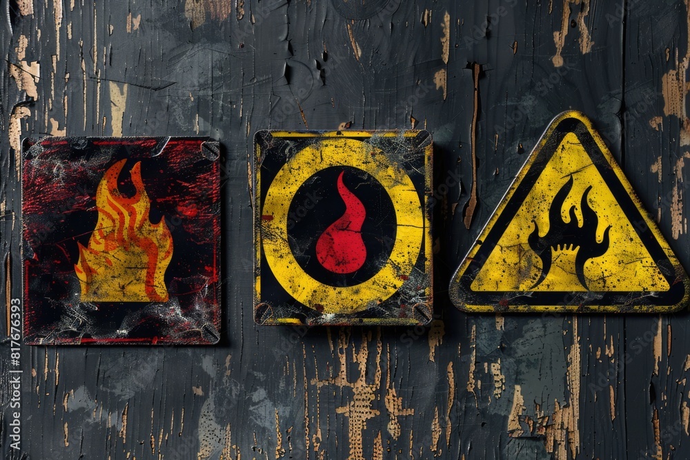 Poster three warning signs on a wooden surface. ideal for safety and caution concepts