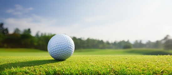 A golf ball sits on a tee against the backdrop of the golf course providing ample room for any desired image or text