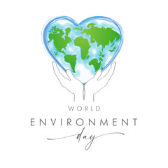 World Environment Day greeting banner. Social media timeline story concept. Earth logo creative design. Mother Earth in hands, digital illustration. Global map in heart frame. Brushing stroke icon.